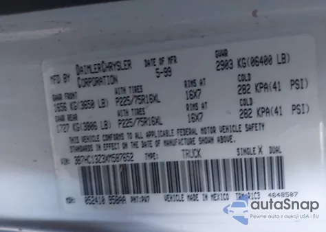 1999 Dodge Ram 1500 St from USA, damaged, VIN 3B7HC13Z3XM587652